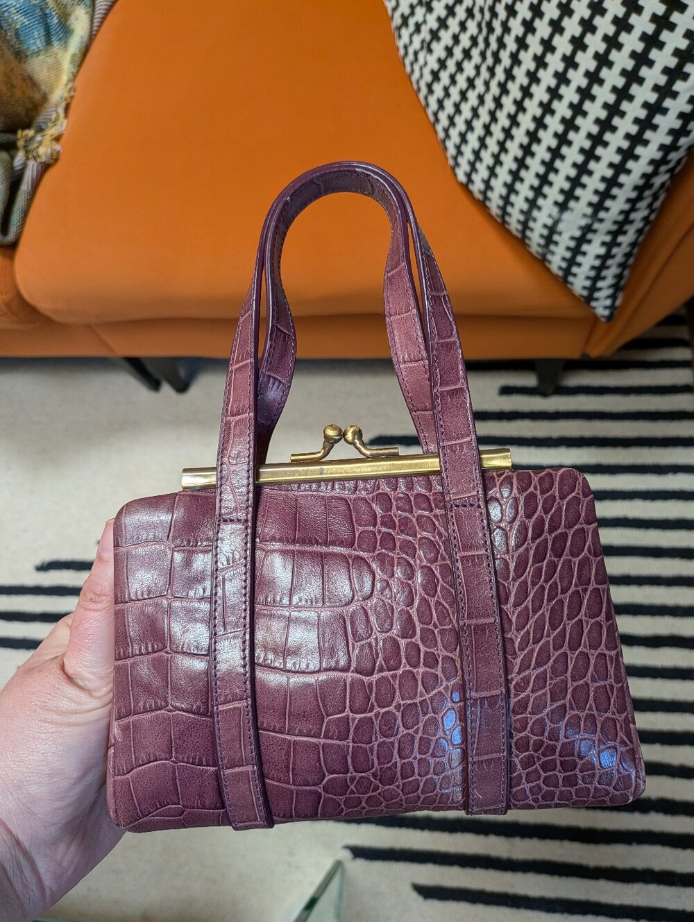 Club Monaco Croc-Embossed Purple Top-Handle Kisslock Mini Bag - Picture 10 of 12